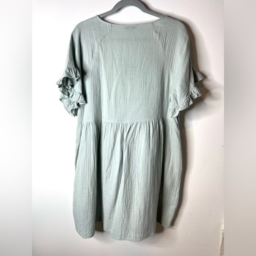 Madewell Mini Dress Ruffle Sleeves Pockets Cotton Glassware Blue SZ L EUC - Picture 7 of 9